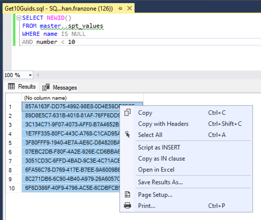 Screenshot of SQL Server Management Studio featuring the Right-Click Copy as IN clause functionality.